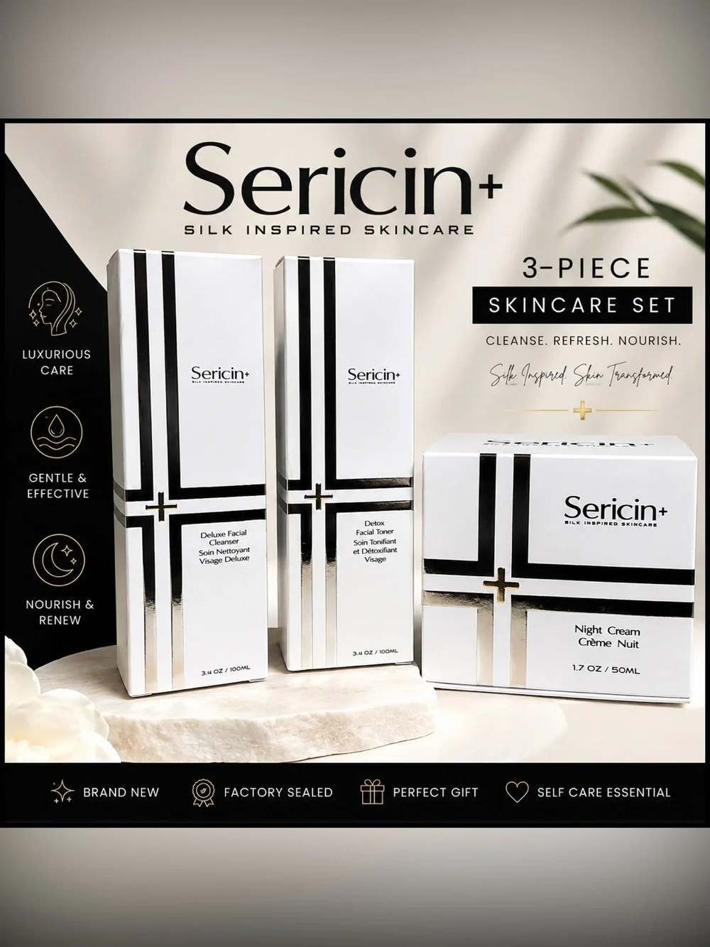NEW Sericin+ Silk Inspired Skincare 3-Piece Set | Cleanser, Toner & Night Cream